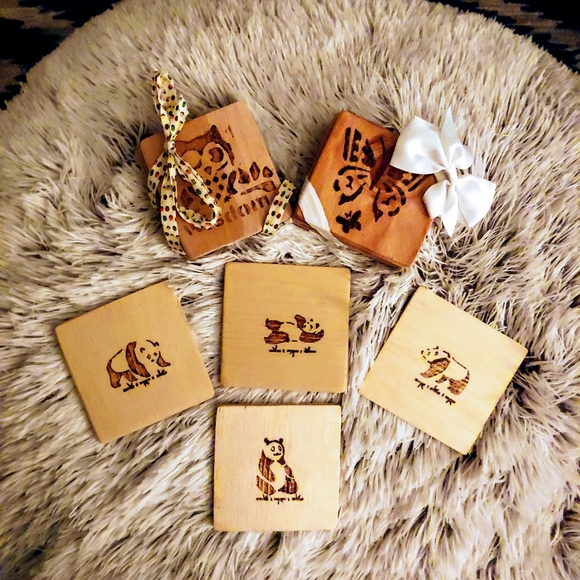 "Pandas" Hand Burned Wood Coaster Set - Picture 2 of 4